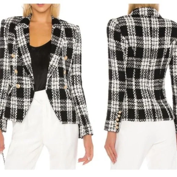 L’Agence Kenzie tweed double breasted blazer jacket ivory black
